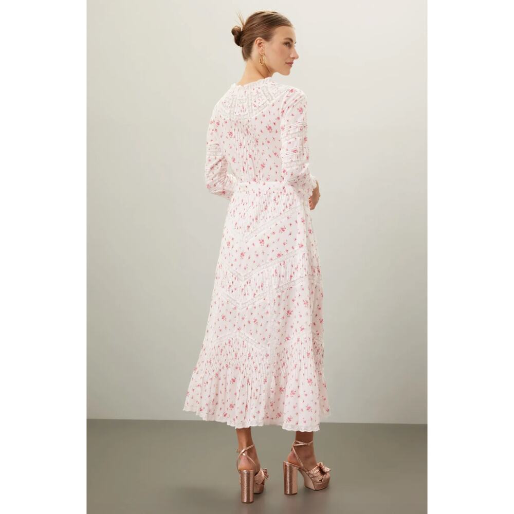 LoveShackFancy Tansu Midi Dress Lace Trim Cotton Button Front Pink Floral Size 6 - Picture 3 of 7